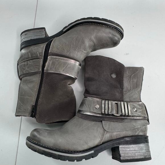 Dromedaris Boots Womens 40 Kikka Side Zip Biker Ankle Bootie Grey Leather Heels - Picture 3 of 8